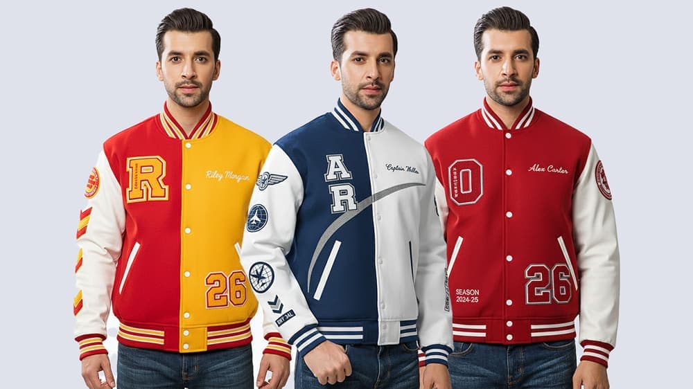 Online custom jacket builder with colors fabrics and patch options